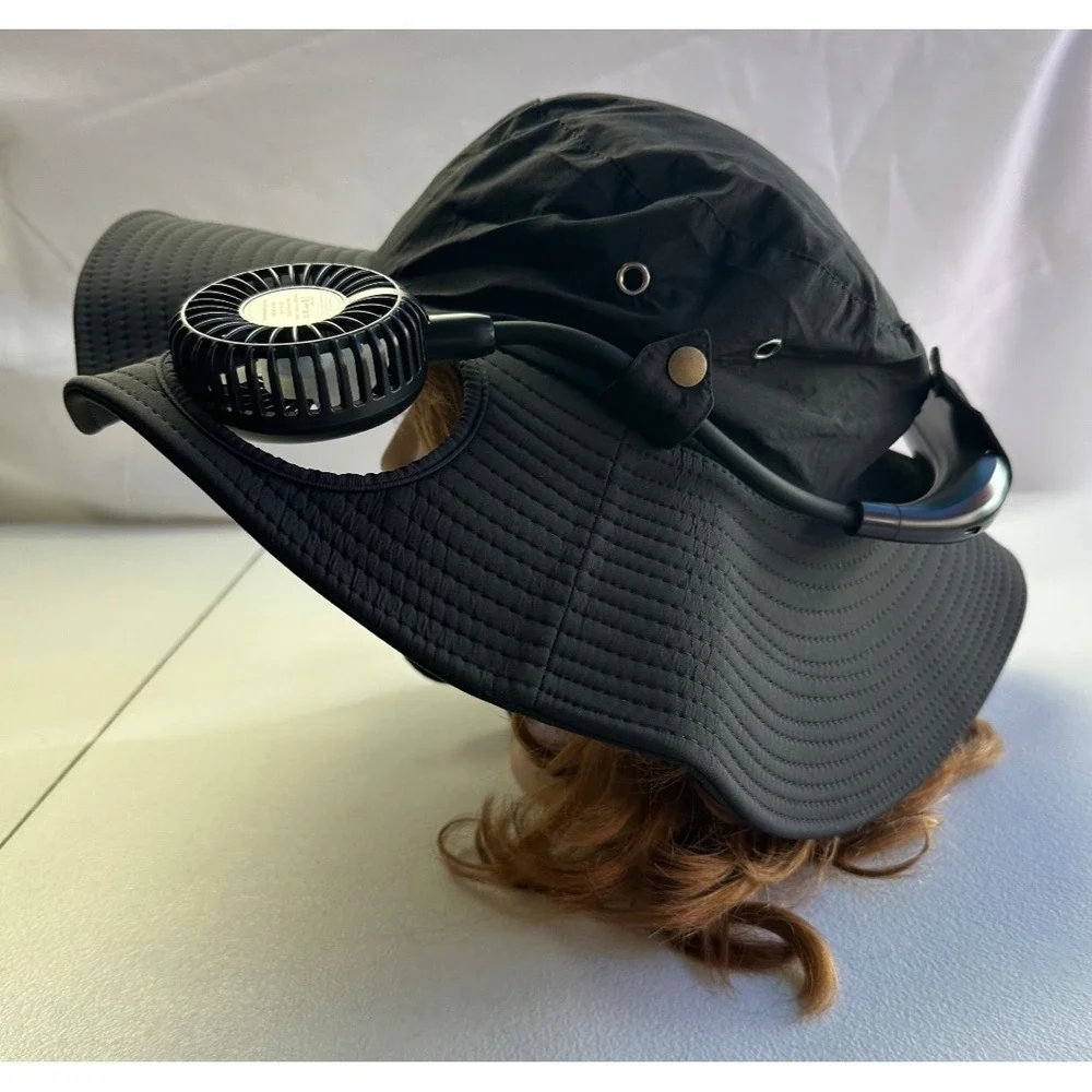 Wide Brim Sun Hat Dual Fans UV Protection Black Hiking Fishing Camping NEW Gear